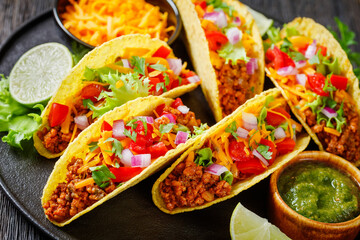 Ground Beef Tacos on a plate, top view