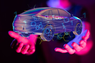 Autonomous car with HUD graphic of Navigation system driving