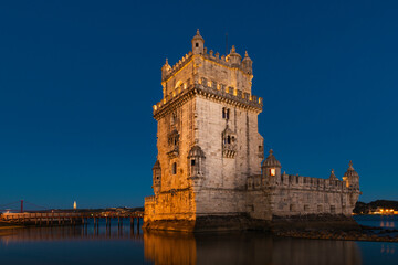 Fototapeta na wymiar View of the iconic Belem Tower (Torre de Belem) in the bank of the Tagus River, in the city of Lisbon, Portugal.