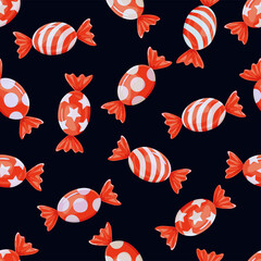 Halloween candies seamless pattern, vector illustration.  Texture for fabric, wrapping, wallpaper. Decorative print.
