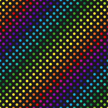 Multicolored circles on black background. Rainbow seamless pattern, vector illustration.  Texture for fabric, wrapping, wallpaper. Decorative print.
