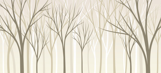 Bare Tree Silhouette with Tall Trunk and Branched Top as Misty Forest Horizontal Backdrop Vector Illustration
