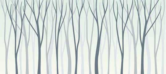Bare Tree Silhouette with Tall Trunk and Branched Top as Misty Forest Horizontal Backdrop Vector Illustration © Happypictures