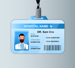 Doctor ID card template. Medical staff identity badge with bar code. Flat illustration cartoon vector concept web banner design isolated on white background