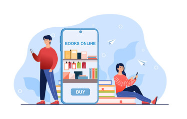 Online bookshop. Teens with smart gadgets use app for reading, buying and downloading books. Ready for school. Flat illustration cartoon vector concept web banner design isolated on white background