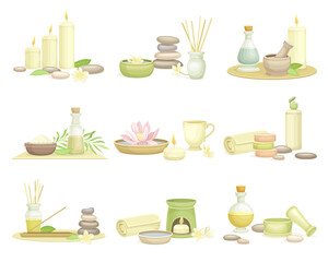 Spa and Aromatherapy with Burning Candle, Fragrant Stick and Essential Oil Vector Set