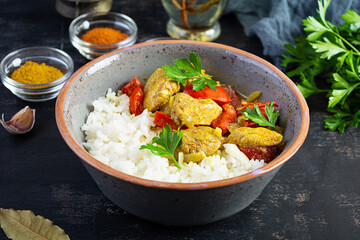 Spicy chicken curry with rice. Curry sauce with chicken and rice on dark background