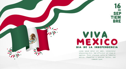 Banner illustration of Mexico independence day celebration. Translation: September 16, Long live Mexico, Independence Day! Waving flag and hands clenched. Vector illustration.