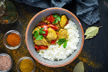 Spicy chicken curry with rice. Curry sauce with chicken and rice on dark background. Top view