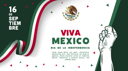 Banner illustration of Mexico independence day celebration. Translation: September 16, Long live Mexico, Independence Day! Waving flag and hands clenched. Vector illustration.