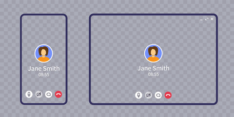 Video call screen on smartphone and tablet isolated on transparent. Active call interface with mic icon, chat, phone and woman avatar, abstract zoom mockup for home office and conference.
