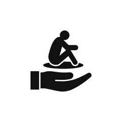 Sad man sitting on hand. Depression icon flat style isolated on white background. Vector illustration