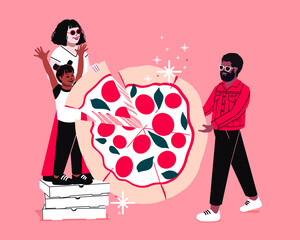 Family pizza night. Happy mixed race family with pizza slice. Mom dad and daughter. Parents and girl smiling at food.