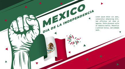 Banner illustration of Mexico independence day celebration. Translation: September 16, Long live Mexico, Independence Day! Waving flag and hands clenched. Vector illustration.