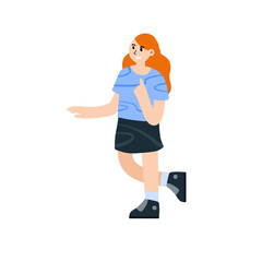 Female character walks and gestures. Young girl. Redhead Woman walks. Trendy flat cartoon illustration