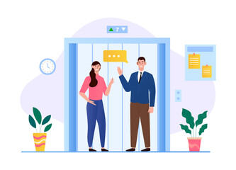 Office staff waiting elevator in business center hall company. Neighbors in apartment house has small talk while waiting for high-speed elevator. Flat vector cartoon illustration concept © Rudzhan