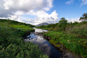 Fototapeta na wymiar Mountain river creek landscape with clouds covered mountain in the distance.