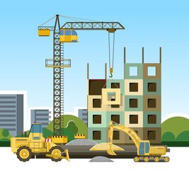Construction of large city buildings. Residential houses and industrial objects. Lifting crane. Loading. Modern technologies and equipment. Illustration vector