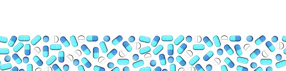Medicines. Seamless illustration with pills and capsules. Medicinal drugs. Pharmaceuticals. Ambulance. Flat design. Isolated on white background. Vector