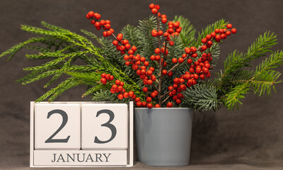 Memory and important date January 23, desk calendar - winter season.