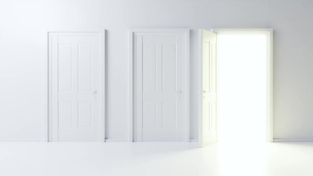 weiße Tür in weißem Raum öffnet sich - Thema Chancen, Möglichkeiten, Freiheit oder Zukunft.