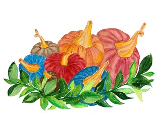 Multicolored pumpkins with green branches, watercolor illustration for halloween