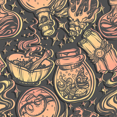 Vector illustration, Halloween, mystic, witchcraft, bottles of potion. handmade, prints, background grey, seamless pattern