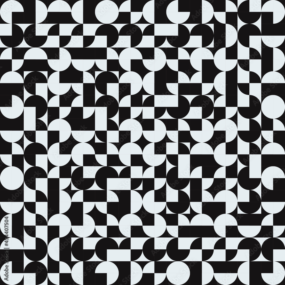 Poster black and white quarters of circle. vector repeated shapes mosaic and decor broken tiles.