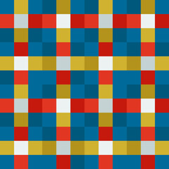 Blue and red and yellow squares make repeated sample. Vector pixel pattern.