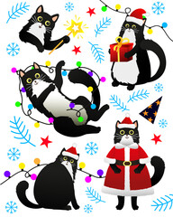 Set of funny and cute cats on New Year's. Set of stiсkers with cats 