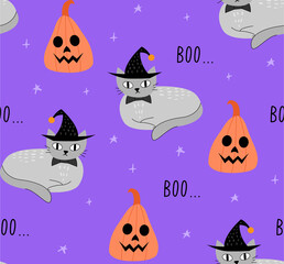 Fototapeta na wymiar Halloween seamless pattern with gray cat in witch's hat and pumpkin. Purple background. Hand drawn vector illustration