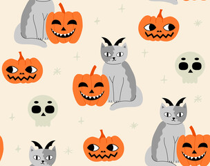 Fototapeta premium Halloween seamless pattern with gray cats, scull and pumpkins. Hand drawn vector background
