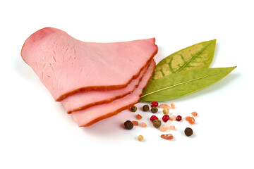 Smoked Tenderloin slices with spices, isolated on white background.