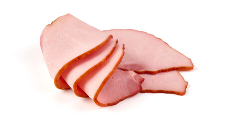 Sliced smoked pork loin, isolated on white background.