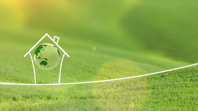 Conceptual eco green nature house drawing lines with earth planet rotation copy space background. 