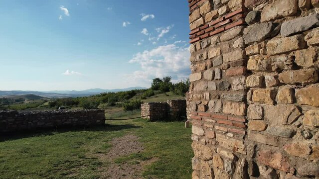 Aerial view of archaeological site, ruins of ancient town church basilica, Bargala, Stip, Macedonia