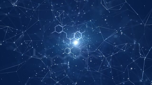 Modern shining abstract chemical hexagon bonds molecules animation copy space blue background.	