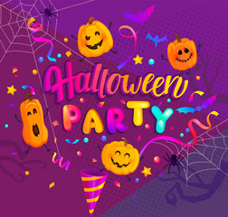 Halloween banner for kids with invite to Happy party holiday with monster pumpkins,bat, spiders and confetti on background. Template for web,poster,flyers, ad,promotions, blogs.Vector illustration.