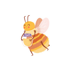 Cartoon insect character flying bee with a jar of honey in flat style. Honey bee vector personage isolated design.