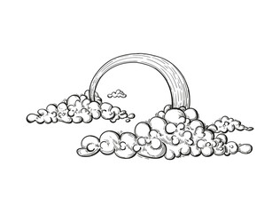Vector rainbow with clouds, illustration in engraved style. Rainbow after rain weather element in sketch style.