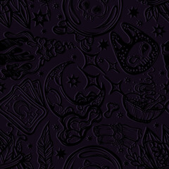 Vector illustration, Halloween, mystic, witchcraft, crystal ball, moon, cards. handmade, prints, background dark purple, seamless pattern