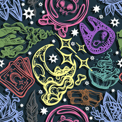 Vector illustration, Halloween, mystic, witchcraft, crystal ball, moon, cards. handmade, prints, background dark green, seamless pattern
