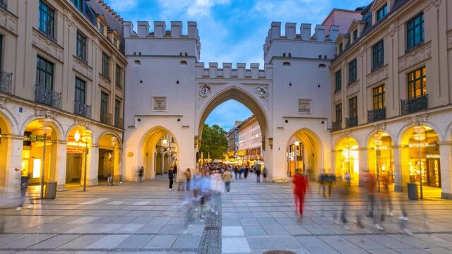 Karlstor in Munich Time lapse Hyperlapse. (called Neuhauser Tor until 1791) is one of what used to be Munich's famed city wall. Munich old town street people walking city centre marienplatz sqaure. 