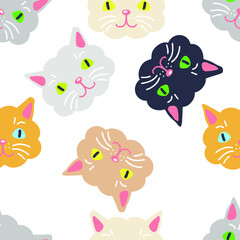 Multicolor seamless pattern with cute cat faces. Perfect for T-shirt, textile and prints. Doodle vector illustration for decor and design.
