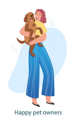Woman with her favorite pet. Female character holds cute dog in her hands. Taking care of animals. Happy puppy friends with person. Cartoon flat vector illustration isolated on white background