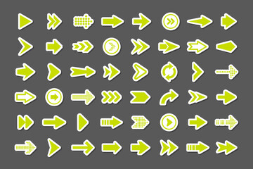 Colorful arrow stickers set. Green cursor icons, pointers collection. Simple arrows in different shapes. Next, back web signs. Vector illustration.