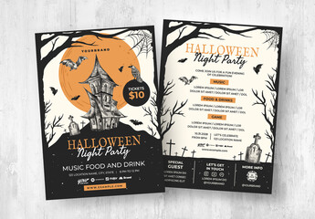 Halloween Flyer with Haunted House Illustration