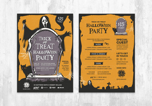 Halloween Flyer in Orange Black with Tombstone Grim Reaper Illustrations