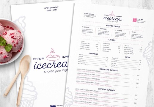 Menu Layout For Ice Cream Dessert Shops