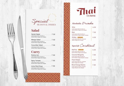 Thin Menu Flyer for Thai Asian Restaurant